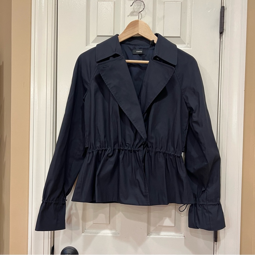 NEW Theory Cinch Trench Jacket Elevated Twill Navy Blur Women’s Small